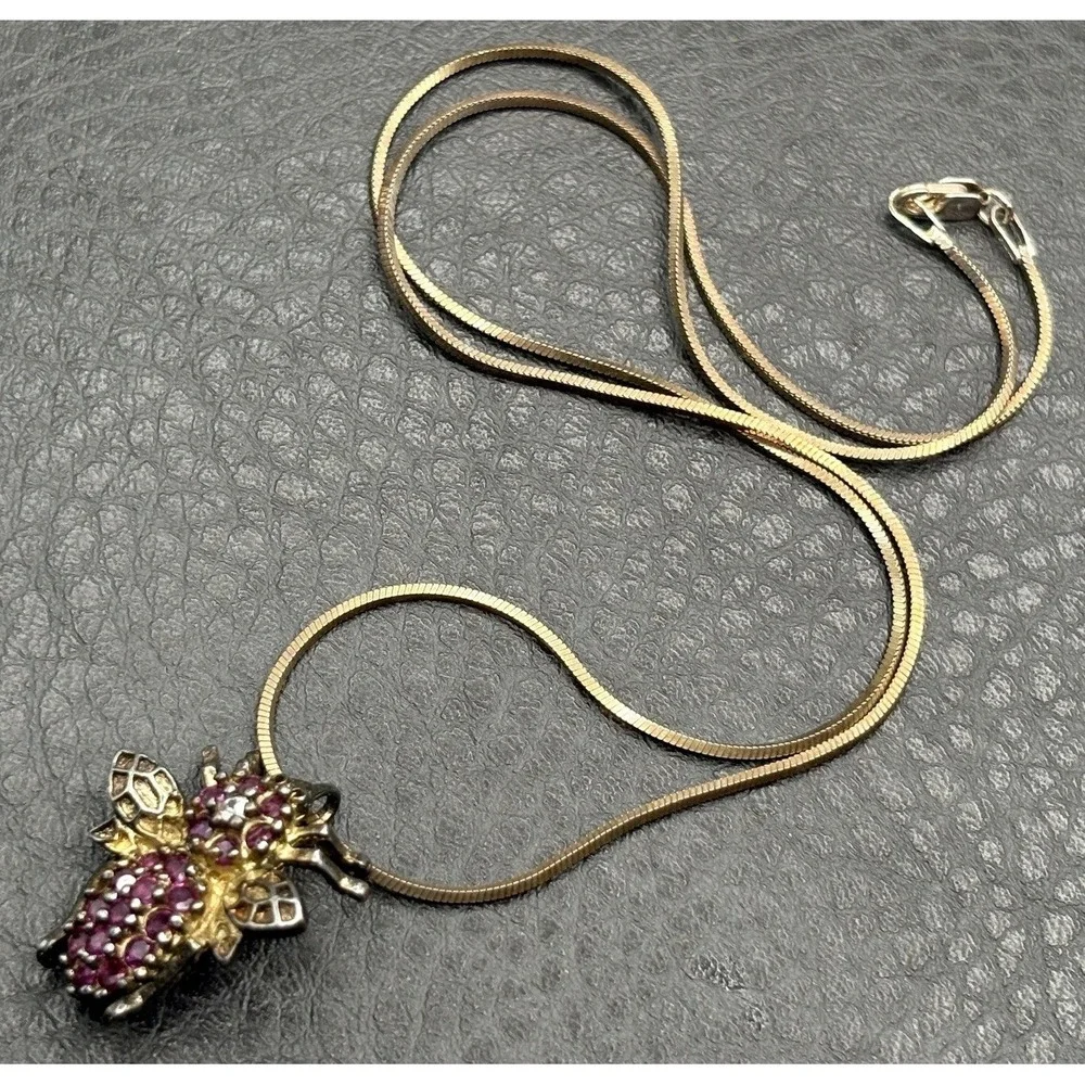 Vintage Insect Bee Ruby Sterling Silver  Pendant Brooch & Chain Necklace  17